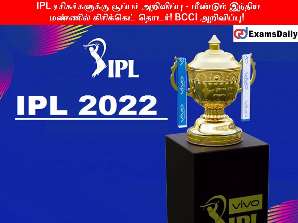 IPL ரசிகர்களுக்கு சூப்பர் அறிவிப்பு - மீண்டும் இந்திய மண்ணில் கிரிக்கெட் தொடர்! BCCI அறிவிப்பு!