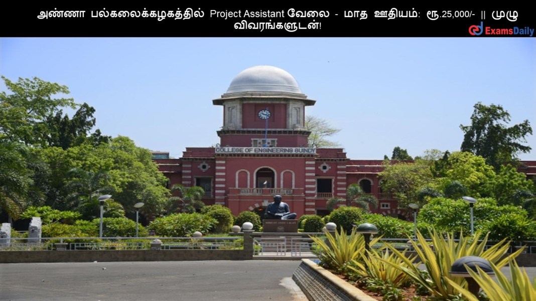 அண்ணா பல்கலைக்கழகத்தில் Project Assistant வேலை - மாத ஊதியம்: ரூ.25,000/- || முழு விவரங்களுடன்!