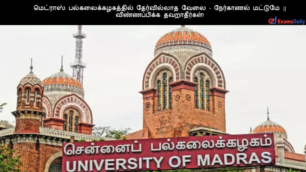 University of Madras மெட்ராஸ் பல்கலைக்கழகத்தில் தேர்வில்லாத வேலை - நேர்காணல் மட்டுமே || விண்ணப்பிக்க தவறாதீர்கள்!
