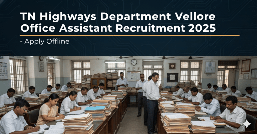 TN நெடுஞ்சாலை துறை வேலூர் அலுவலக உதவியாளர் வேலைவாய்ப்பு 2025 – மாதம் ₹15,700 – ₹58,100 | ஆஃப்லைனில் விண்ணப்பிக்கவும் TN நெடுஞ்சாலை துறை வேலூர் அலுவலக உதவியாளர் வேலைவாய்ப்பு 2025 – மாதம் ₹15,700 – ₹58,100 | ஆஃப்லைனில் விண்ணப்பிக்கவும்