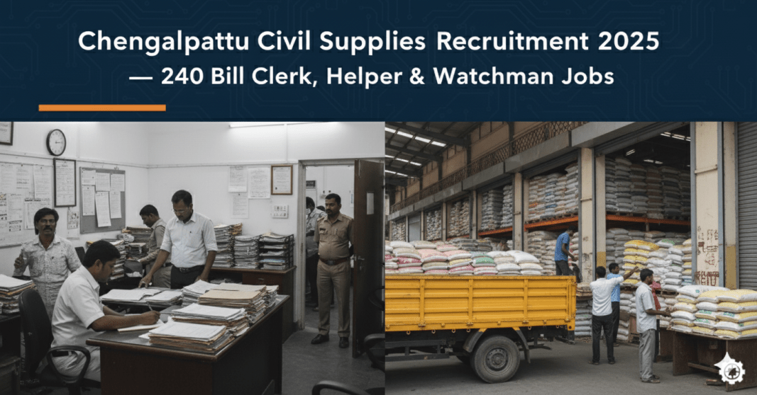 செங்கல்பட்டு நுகர்பொருள் வாணிபக் கழகம் வேலைவாய்ப்பு 2025 – 240 Bill Clerk, Helper & Watchman காலியிடங்கள் | தபால் மூலம் விண்ணப்பிக்கவும்